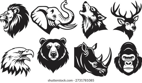 Un conjunto de ocho ilustraciones en blanco y negro de diferentes cabezas de animales, incluyendo león, elefante, lobo, ciervo, águila, oso, rinoceronte y gorila