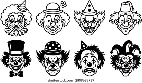 A set of eight black and white illustrations of clown faces with different hats and emotions