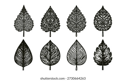 Set of eight black and white leaf designs with intricate patterns