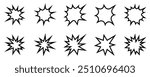 Set of eight black and white line icons of explosions, representing comic book effects, action, and impact. Vector illustration. Editable stroke