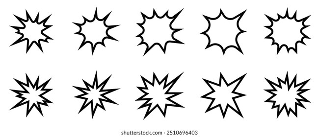 Set of eight black and white line icons of explosions, representing comic book effects, action, and impact. Vector illustration. Editable stroke