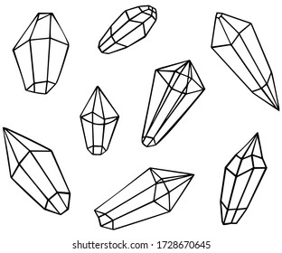 Conjunto de ocho cristales mágicos en blanco y negro. Material gráfico cristalográfico aislado para colorear libros, diseño esotérico y geológico. Vector.