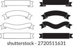A set of eight black and white ribbon banners in various styles for use in design projects, presentations, and decorations.