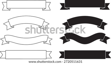 A set of eight black and white ribbon banners in various styles for use in design projects, presentations, and decorations.
