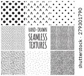 Set of eight black and white seamless hand drawn texture designs for backgrounds, vector illustration