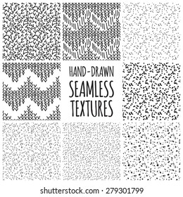 Set of eight black and white seamless hand drawn texture designs for backgrounds, vector illustration