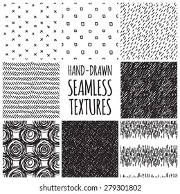 Set of eight black and white seamless hand drawn texture designs for backgrounds, vector illustration