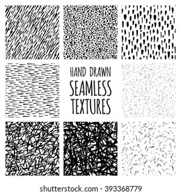 Set of eight black and white seamless hand drawn textures