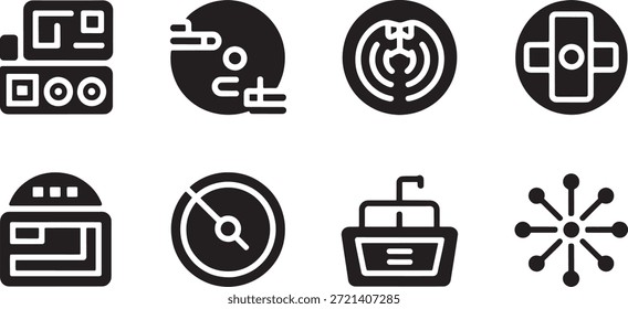 Conjunto de ocho iconos vectoriales en blanco y negro que representan la tecnología y la innovacióntecnología, innovación, Vector, gráficos