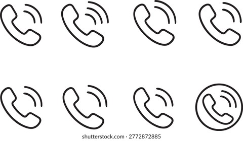 A set of eight black and white vector phone icons with signal waves, arranged in two rows on a pure white background, showcasing different phone states.