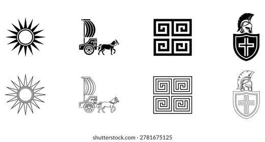 A set of eight black and white vector icons representing symbols from ancient Mediterranean cultures, including Greece, Mycenae, and Minoan Crete.