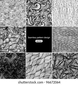 Set of eight  black and white wave patterns (seamlessly tiling). Adult Coloring pages.