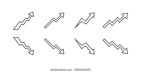 Set of eight black and white zigzag arrows pointing in different directions. Vector icon