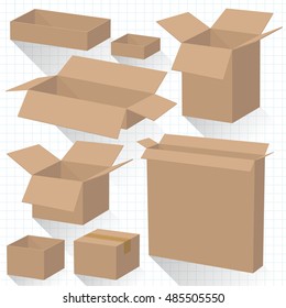 Set of eight blank vector cardboard boxes isolated on white background.