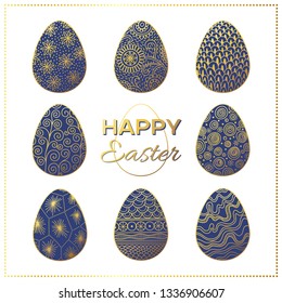 Set of eight blue eggs decorated with golden motifs such as spirals, circles, floral, wave and stars with greeting text on white background  