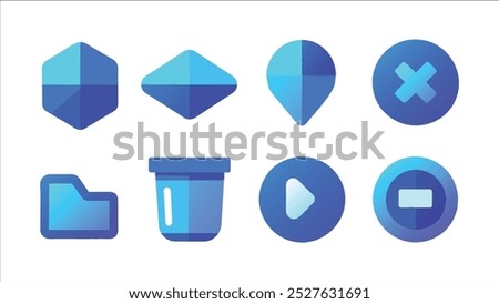 A set of eight blue gradient icons, including a hexagon, diamond, location pin, cross, folder, trash can, play button, and pause button