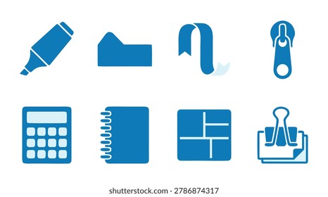 A set of eight blue icons representing common office supplies, including a marker, paperclip, ribbon, zipper, calculator, notebook, grid, and binder clip.