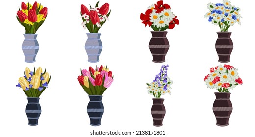 Set of eight bouquet with different flowers in vases.Tulips,daisy,poppy, mimosa, bluebells, Bright colors, soft colors. Vector illustration.