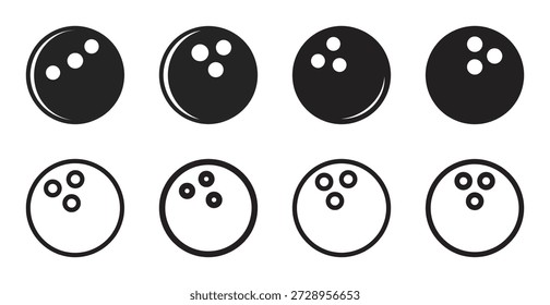 Conjunto de ocho iconos de bolas de bolos en negro sólido y estilos de contorno, perfecto para App deportivos, actividades de ocio y torneos de marca.