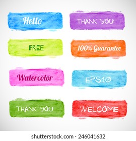 Set of eight bright watercolor banners for your design. Vector illustration. 