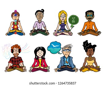 A set of eight business characters sitting down and practicing mindfulness meditation. 