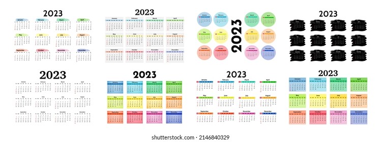 Set of eight calendars for 2023 isolated on a white background. Sunday to Monday, business template. Vector illustration