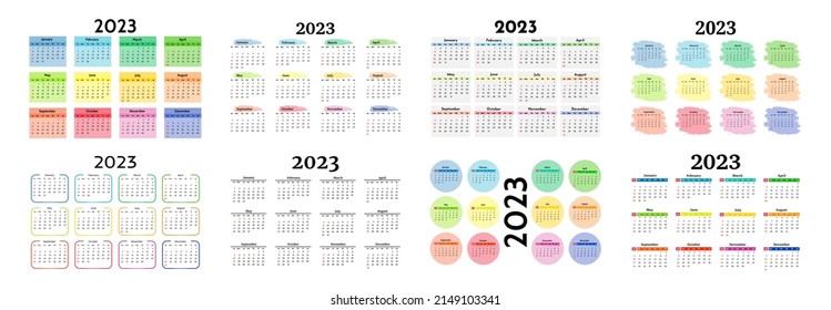 Set of eight calendars for 2023 isolated on a white background. Sunday to Monday, business template. Vector illustration