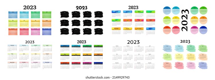 Set of eight calendars for 2023 isolated on a white background. Sunday to Monday, business template. Vector illustration
