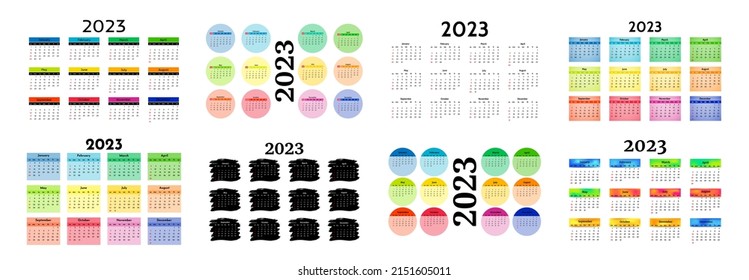 Set of eight calendars for 2023 isolated on a white background. Sunday to Monday, business template. Vector illustration