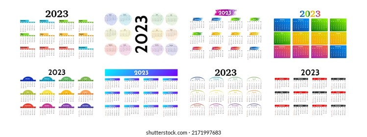 Set of eight calendars for 2023 isolated on a white background. Sunday to Monday, business template. Vector illustration