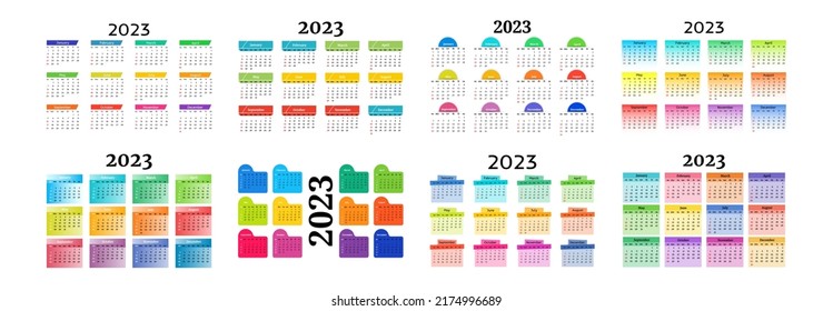 Set of eight calendars for 2023 isolated on a white background. Sunday to Monday, business template. Vector illustration