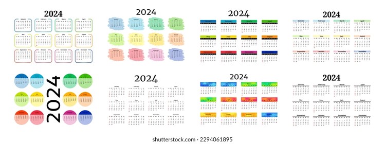 Set of eight calendars for 2024 isolated on a white background. Sunday to Monday, business template. Vector illustration