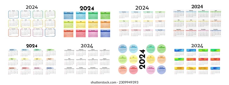 Set of eight calendars for 2024 isolated on a white background. Sunday to Monday, business template. Vector illustration