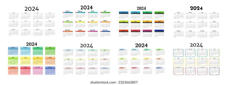 Set of eight calendars for 2024 isolated on a white background. Sunday to Monday, business template. Vector illustration