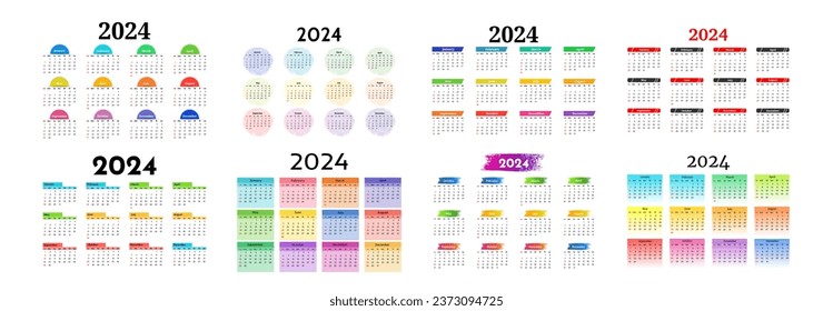Set of eight calendars for 2024 isolated on a white background. Sunday to Monday, business template. Vector illustration