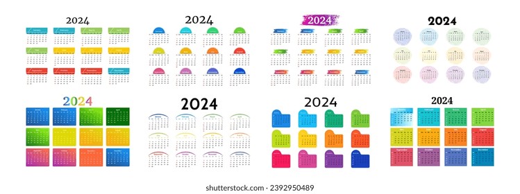 Set of eight calendars for 2024 isolated on a white background. Sunday to Monday, business template. Vector illustration