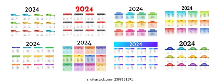 Set of eight calendars for 2024 isolated on a white background. Sunday to Monday, business template. Vector illustration