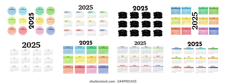 Set of eight calendars for 2025 isolated on a white background. Sunday to Monday, business template. Vector illustration