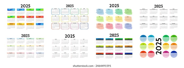 Set of eight calendars for 2025 isolated on a white background. Sunday to Monday, business template. Vector illustration