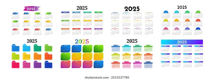 Set of eight calendars for 2025 isolated on a white background. Sunday to Monday, business template. Vector illustration