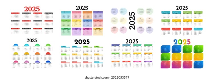 Conjunto de oito calendários para 2025 isolado em um fundo branco. De domingo a segunda-feira, modelo de negócios. Ilustração vetorial