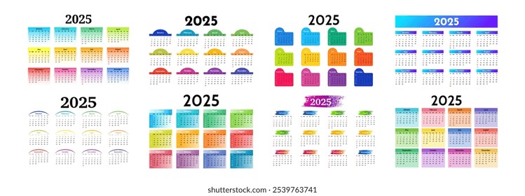 Conjunto de oito calendários para 2025 isolado em um fundo branco. De domingo a segunda-feira, modelo de negócios. Ilustração vetorial