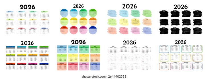 Conjunto de oito calendários para 2026 isolado em um fundo branco. De domingo a segunda-feira, modelo de negócios. Ilustração vetorial