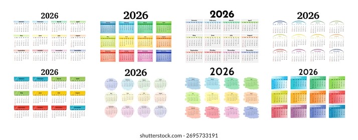 Set of eight calendars for 2026 isolated on a white background. Sunday to Monday, business template. Vector illustration