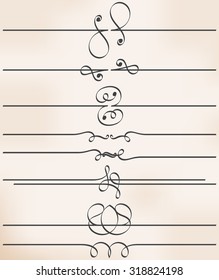 set of eight calligraphic design elements, vector line dividers, decorative page borders on vintage background