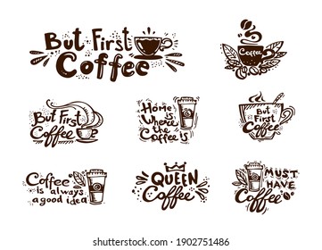 A set of eight calligraphic inscriptions about the world's most delicious coffee. Lettering. Hand-drawn elements of the poster.