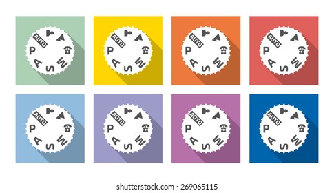 Set Of Eight Camera Mode Dial, Camera Settings, Vector Icons, Flat Style