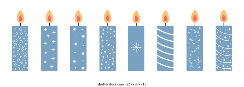 Set of eight candles isolated on  white background. Rectangular blue candles with white ornamentation, handmade. Delicate colors, Christmas mood, holiday. Flat design in vector.