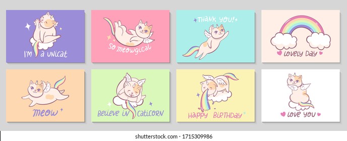Set of eight cards with cats unicorns and a rainbow, funny inscriptions on cards. Happy birthday, so meowgical, i'm a unicat, thank you, lovely day, meow, love you, believe in caticorn, inscriptions