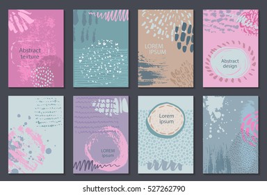 Set of eight cards with hand drawn abstract ink texture. Templates for flyers, invitations, banners. Text frames. Colorful vector collection.